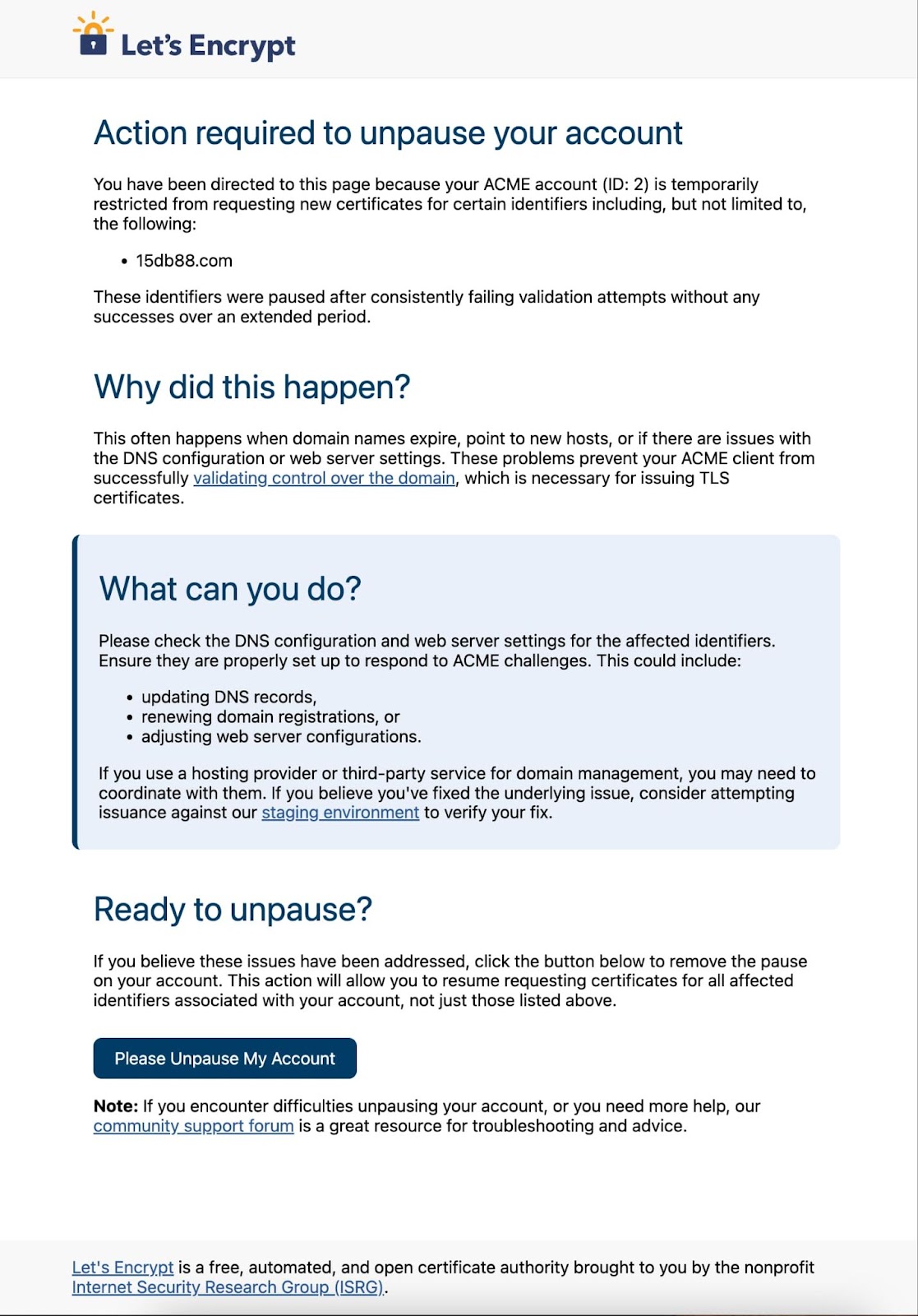 Let's Encrypt unpause interface